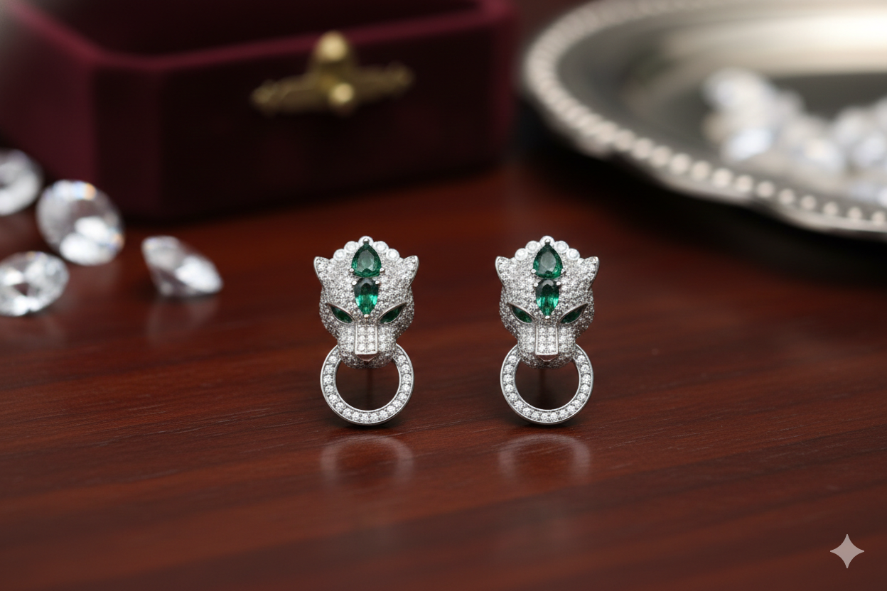 Emerald Green Panther Door Knocker Earrings.