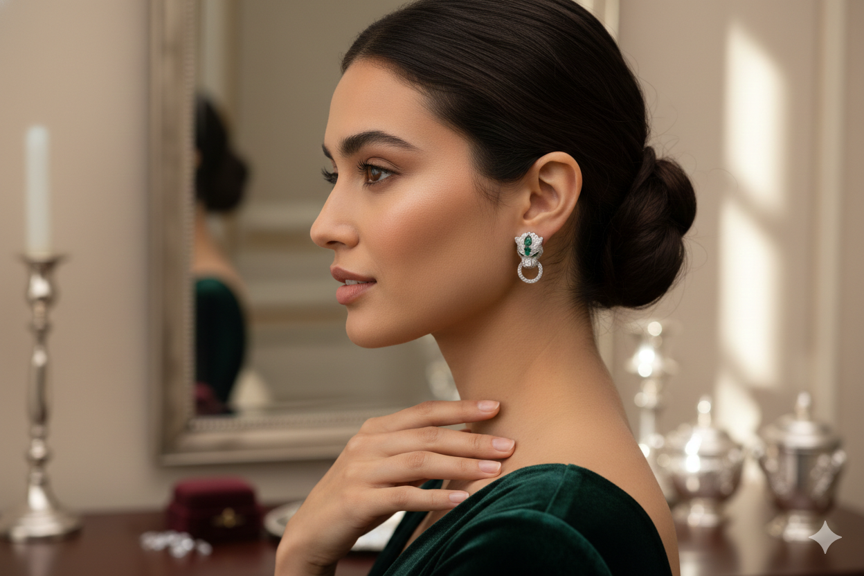 Emerald Green Panther Door Knocker Earrings.