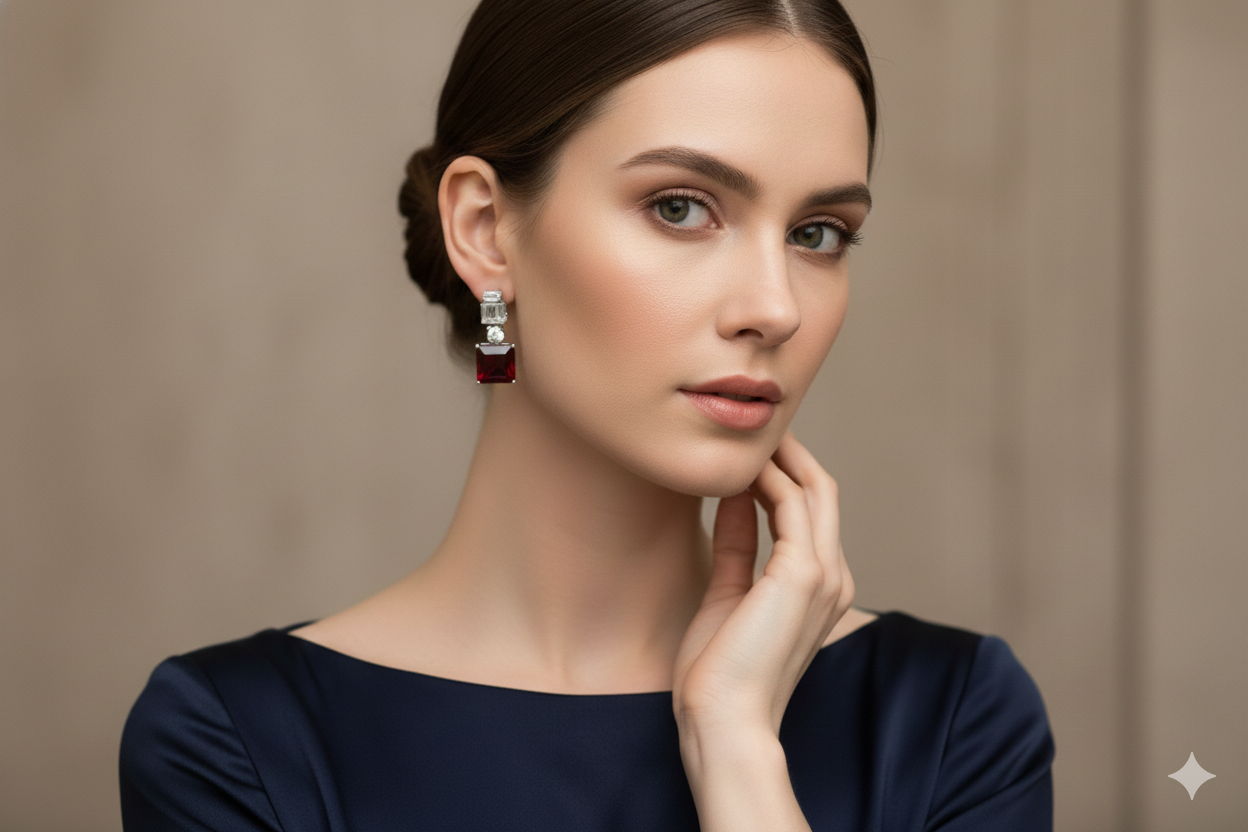Radiant Crimson Princess-Cut Drop Earrings
