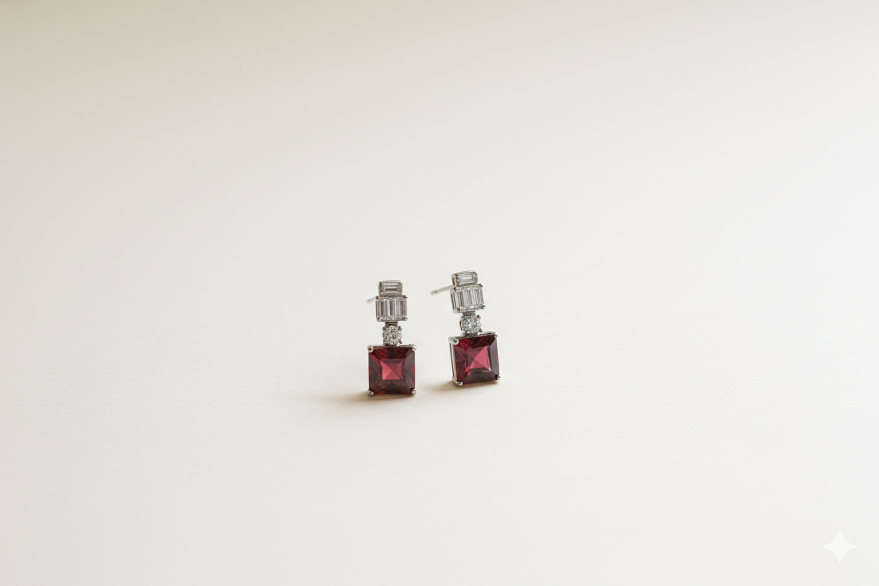 Radiant Crimson Princess-Cut Drop Earrings