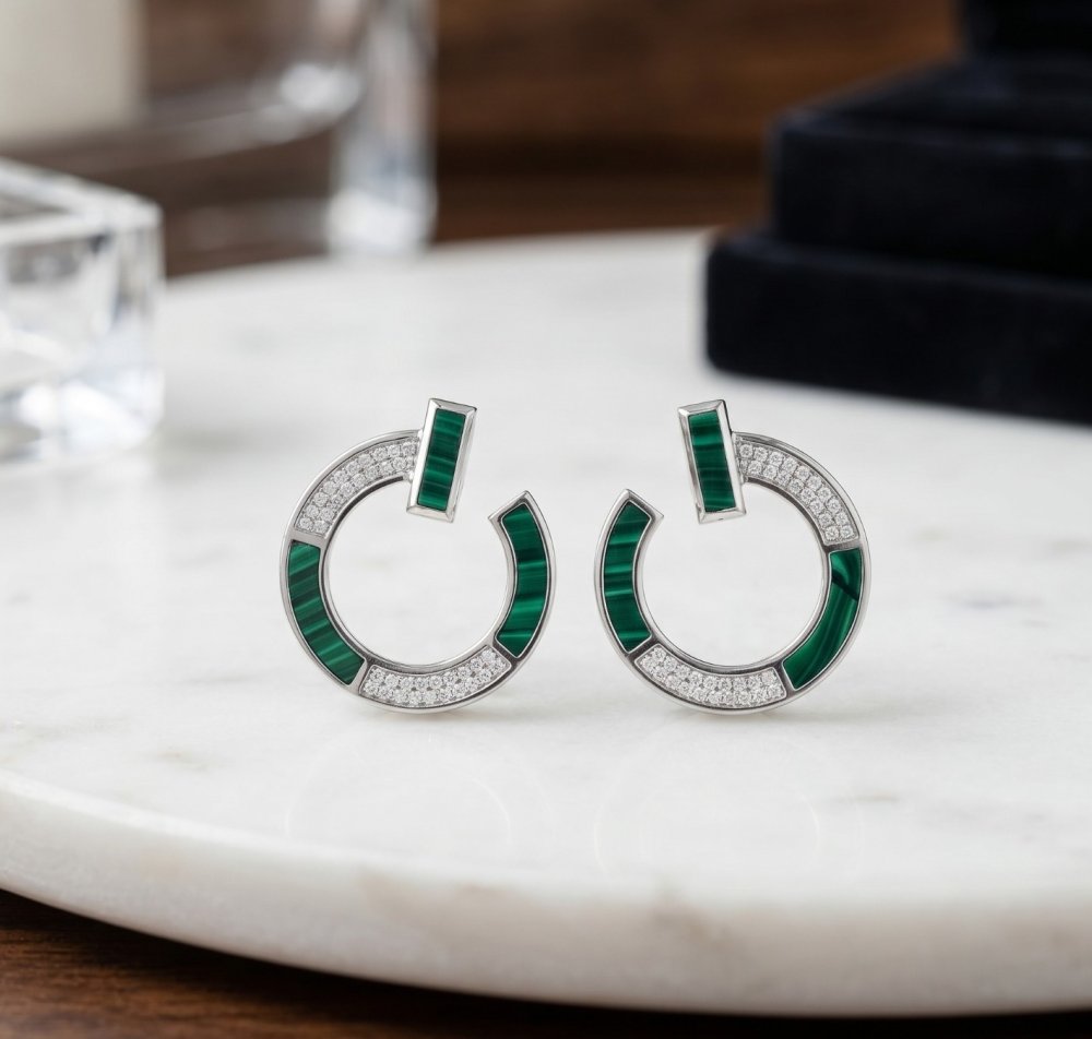 Malachite & Diamond C-Hoop Earrings