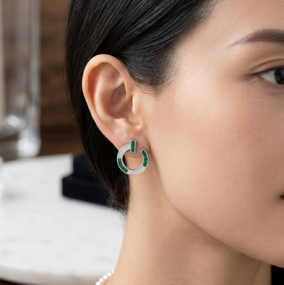 Malachite & Diamond C-Hoop Earrings