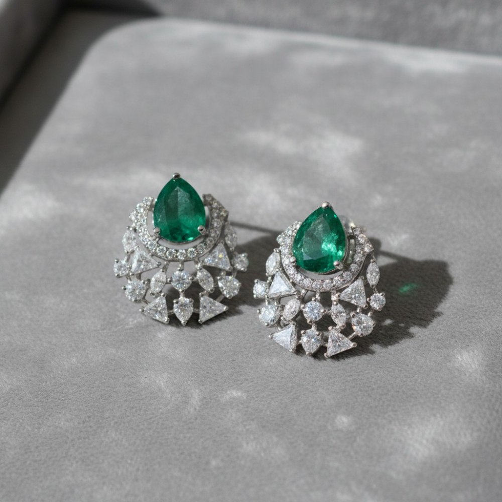 Emerald Teardrop Halo Studs