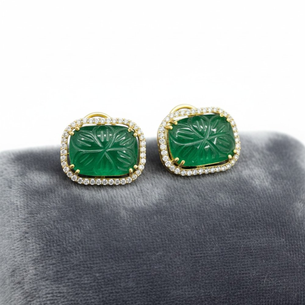 Carved Emerald Halo Studs