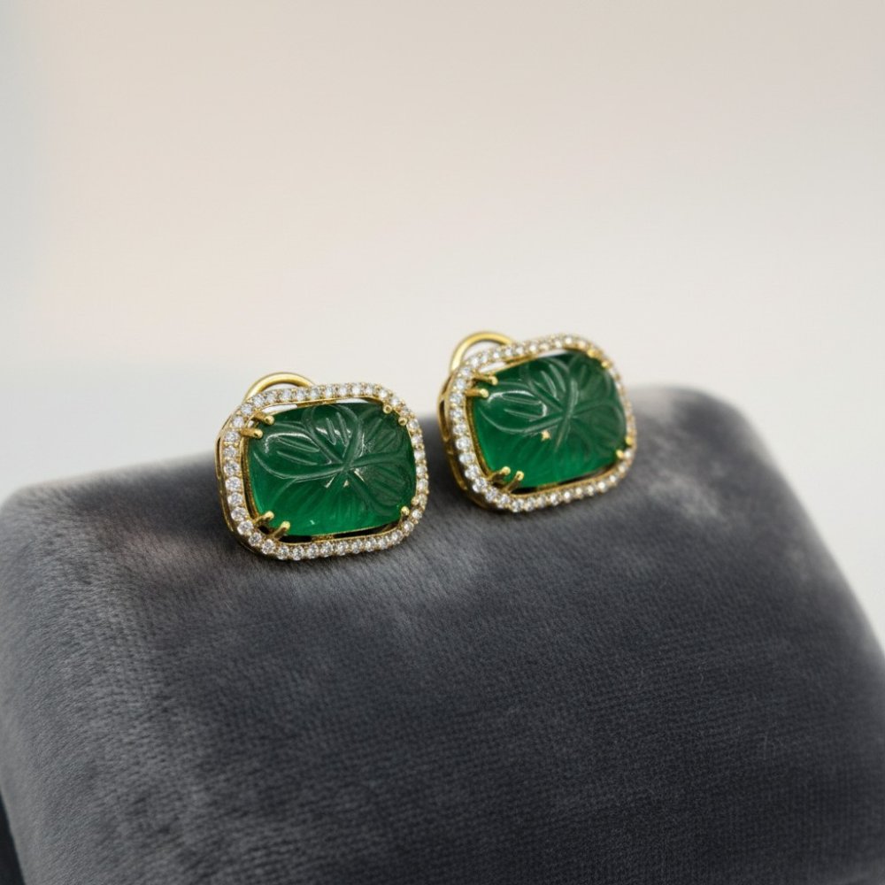 Carved Emerald Halo Studs