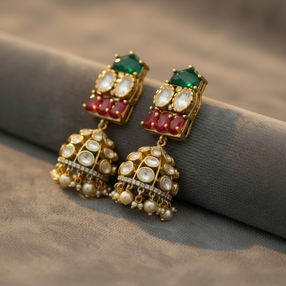 Navratna-Inspired Silver Jhumka