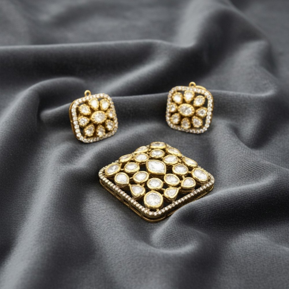 Kundan Heritage Square Pendant & Earrings Set