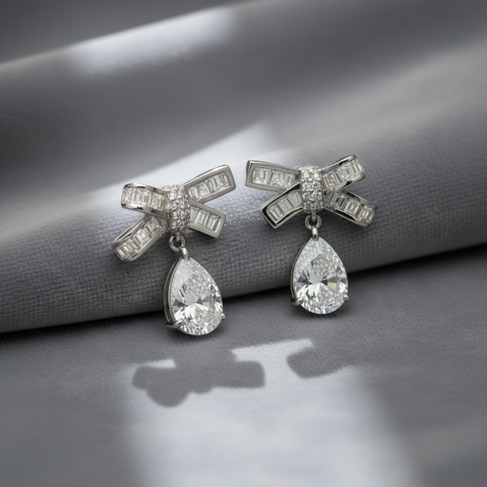 Silver Bow Pear-Drop Earrings