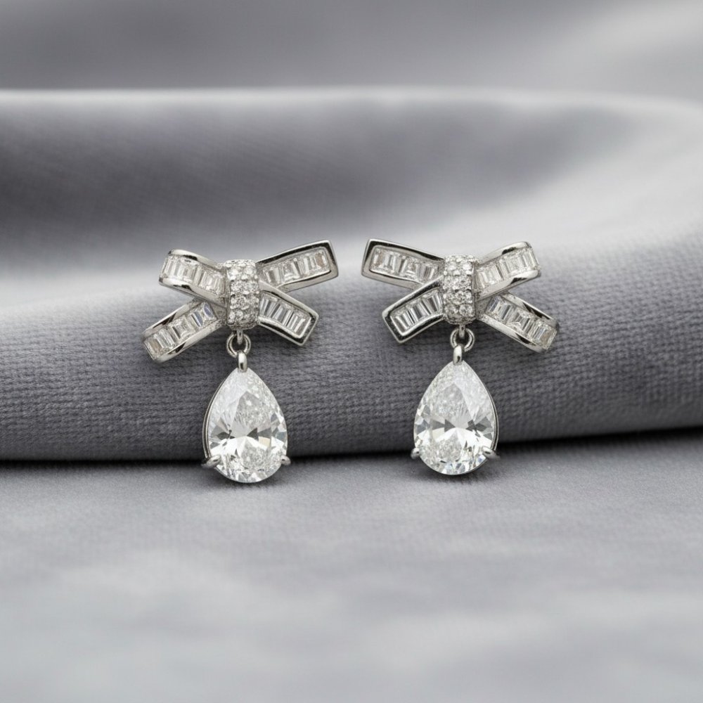 Silver Bow Pear-Drop Earrings
