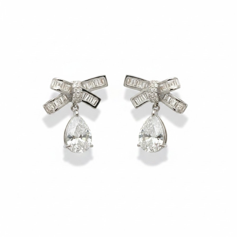 Silver Bow Pear-Drop Earrings