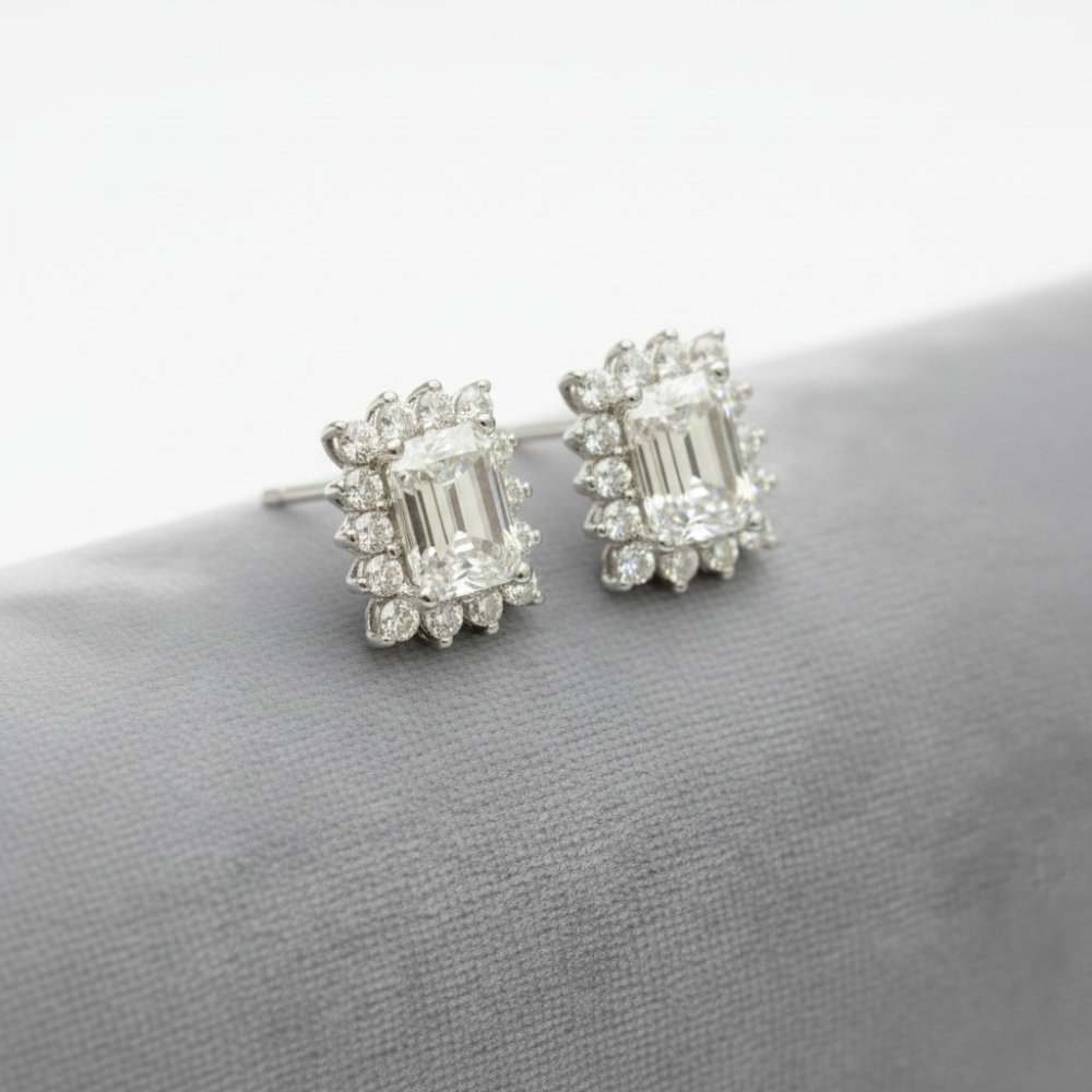 Emerald-Cut Halo Stud Earrings