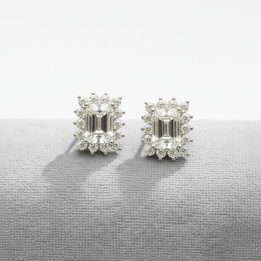 Emerald-Cut Halo Stud Earrings