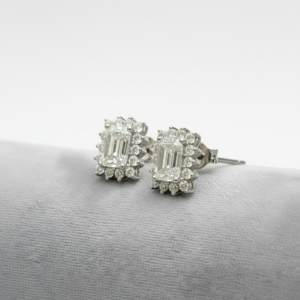 Emerald-Cut Halo Stud Earrings