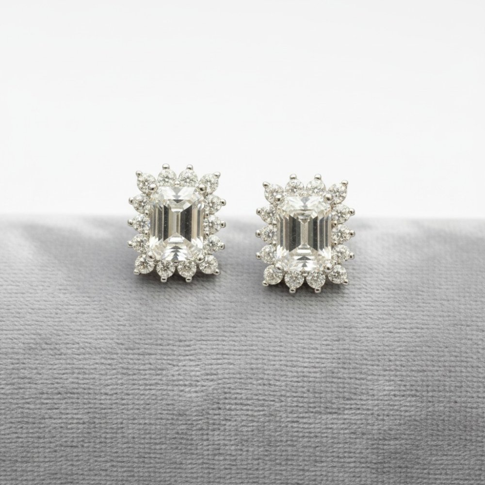 Emerald-Cut Halo Stud Earrings