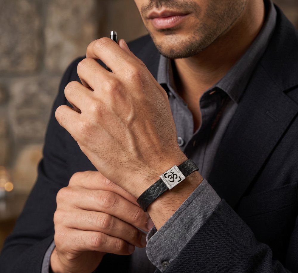 Omkareshwar Leather & Silver Bracelet