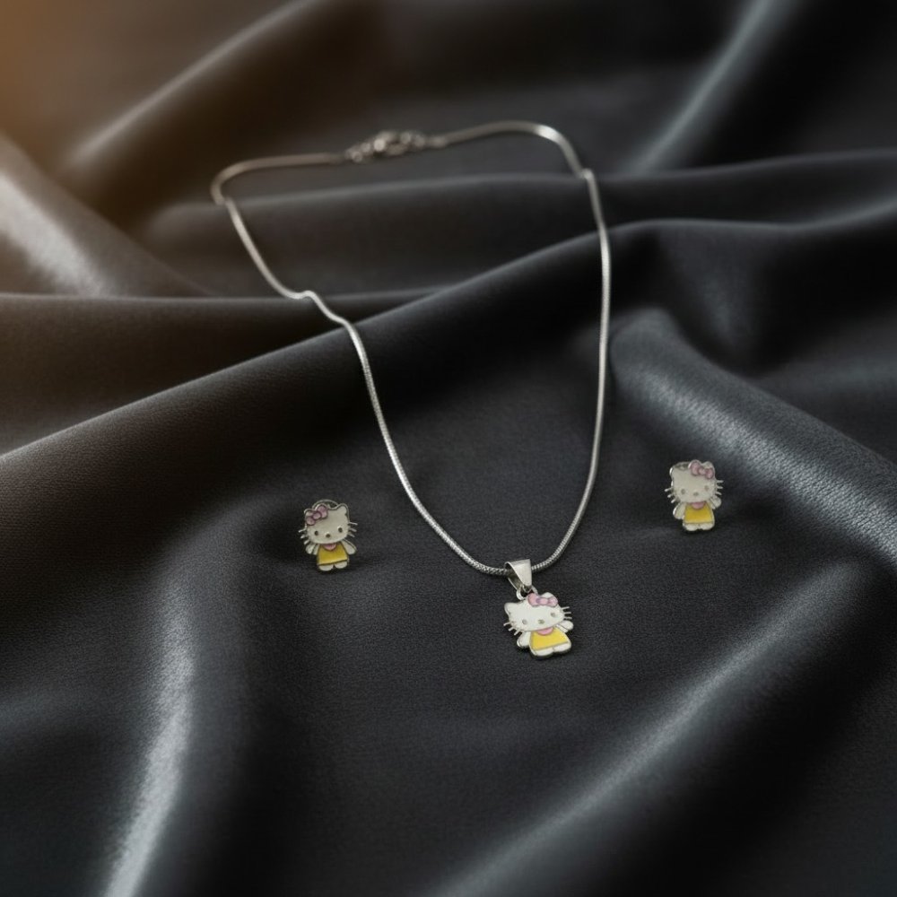 Kids Enamel Kitty Pendant & Earrings Set