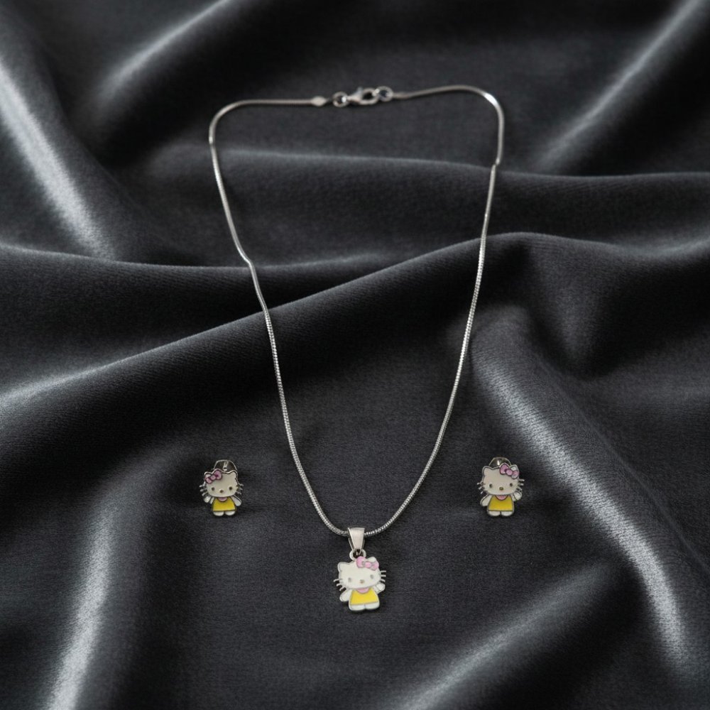 Kids Enamel Kitty Pendant & Earrings Set