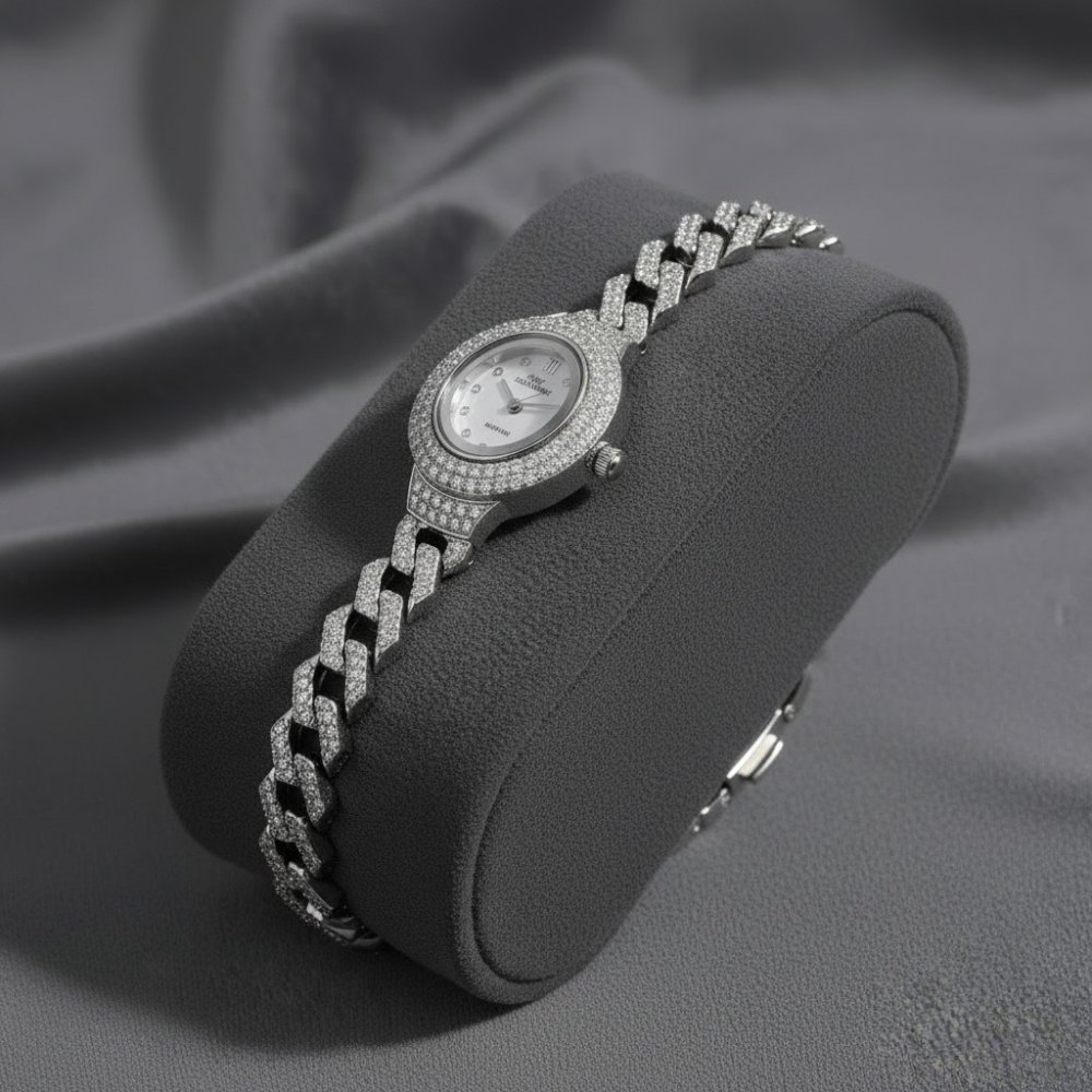 Sterling Silver Pave Cubalink Watch Bracelet