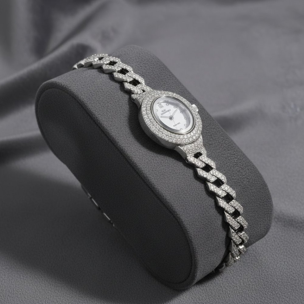 Sterling Silver Pave Cubalink Watch Bracelet