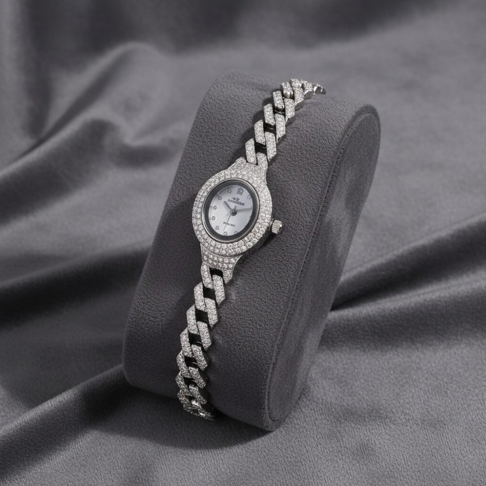 Sterling Silver Pave Cubalink Watch Bracelet