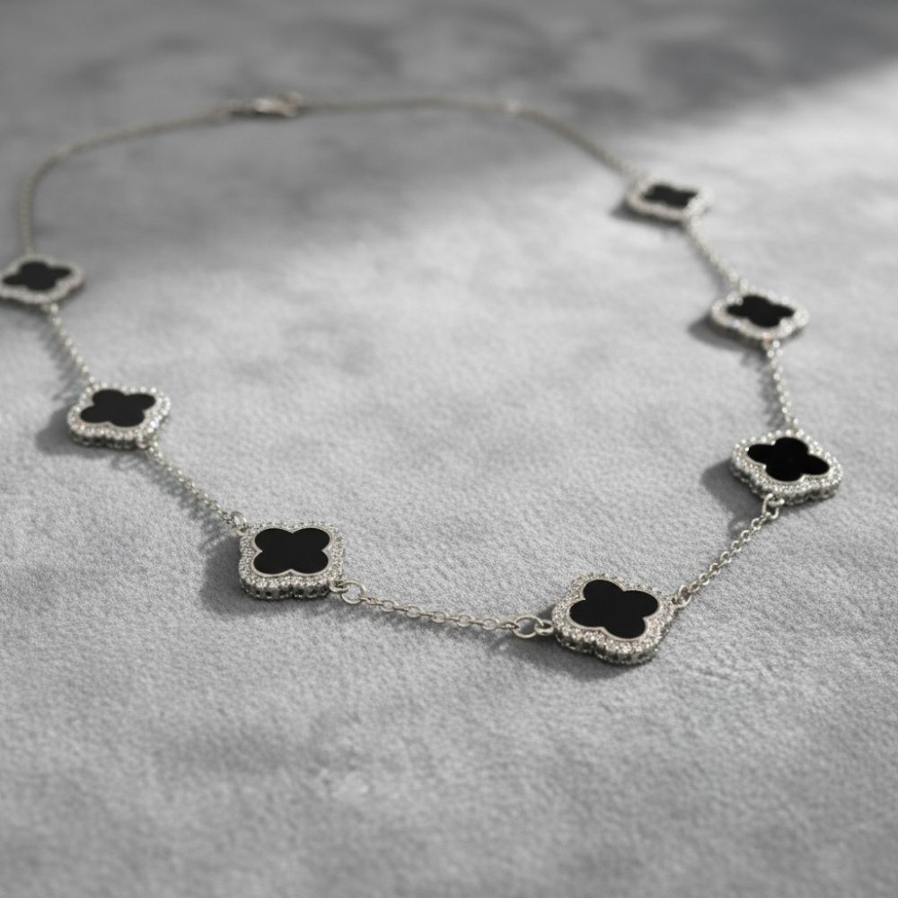 Black Onyx & CZ Clover Station Necklace