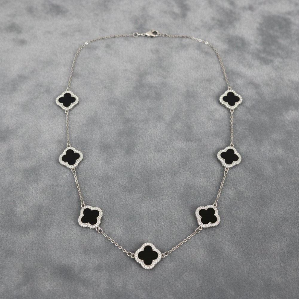 Black Onyx & CZ Clover Station Necklace