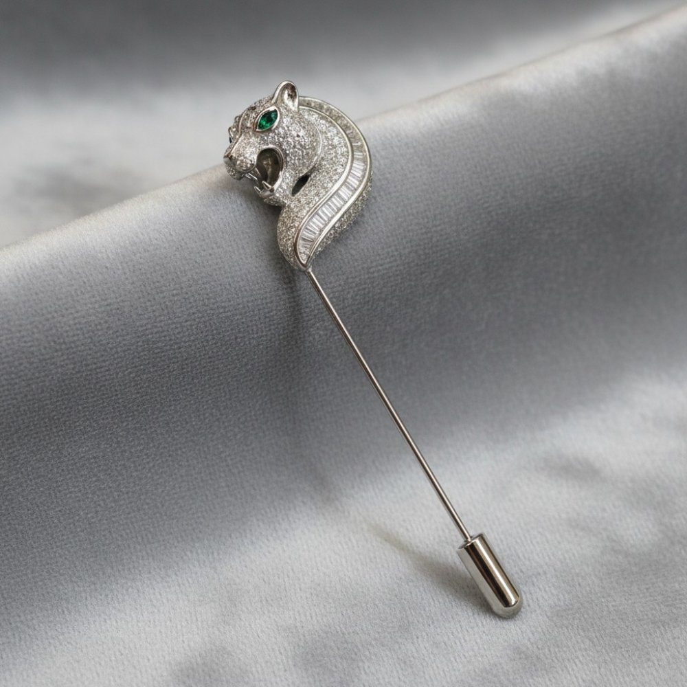 Sterling Silver Emerald-Eyed Panther Lapel Pin