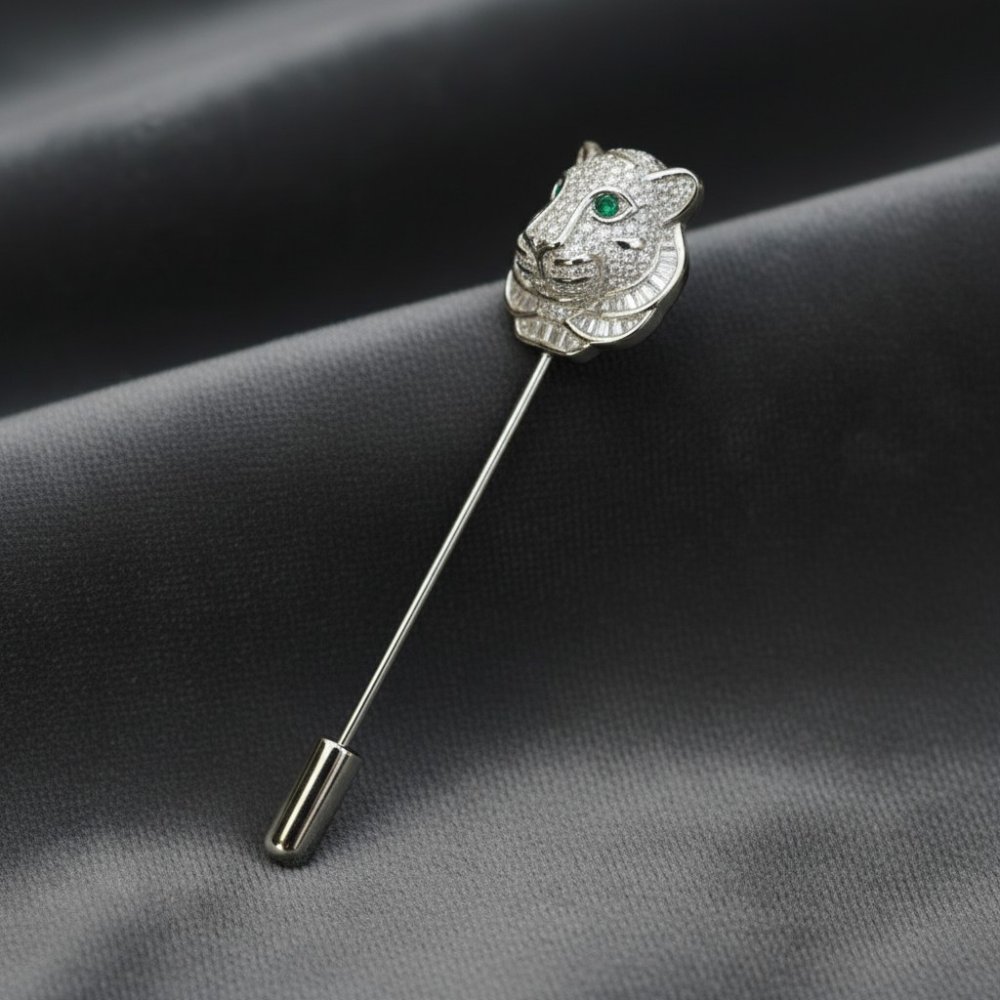 Silver Emerald-Eyed Tiger Lapel Pin