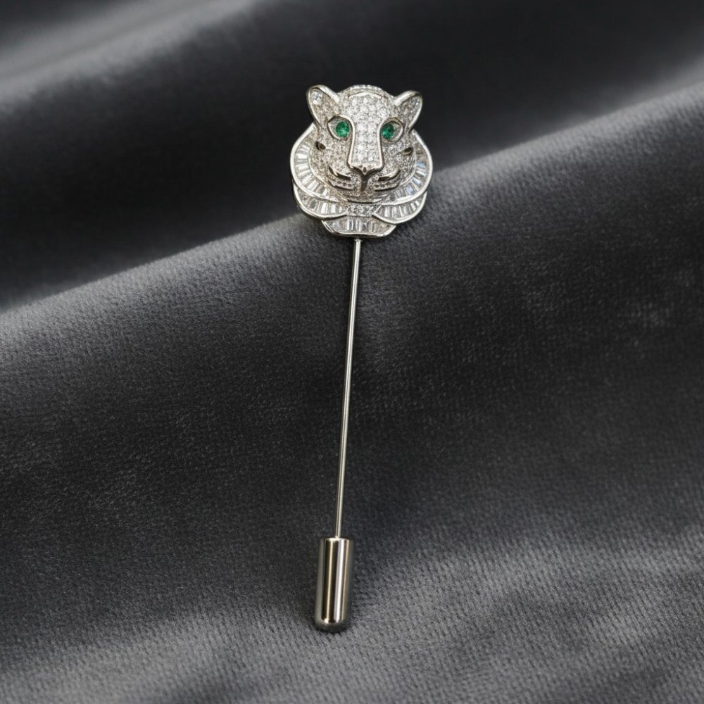 Silver Emerald-Eyed Tiger Lapel Pin