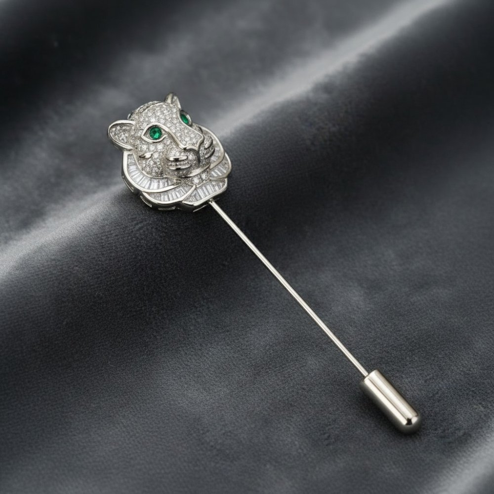 Silver Emerald-Eyed Tiger Lapel Pin