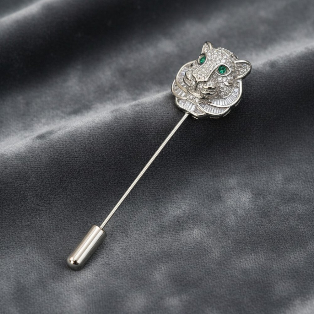 Silver Emerald-Eyed Tiger Lapel Pin