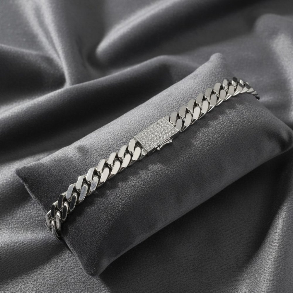 Silver Iced-Clasp Cuban Link Bracelet