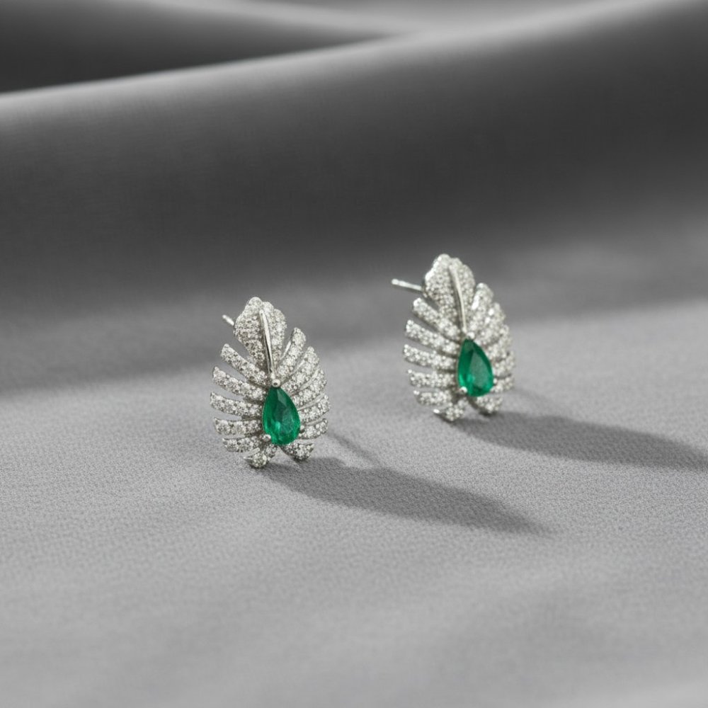 Silver Emerald Palm Leaf Stud Earrings