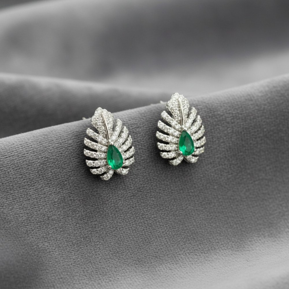 Silver Emerald Palm Leaf Stud Earrings