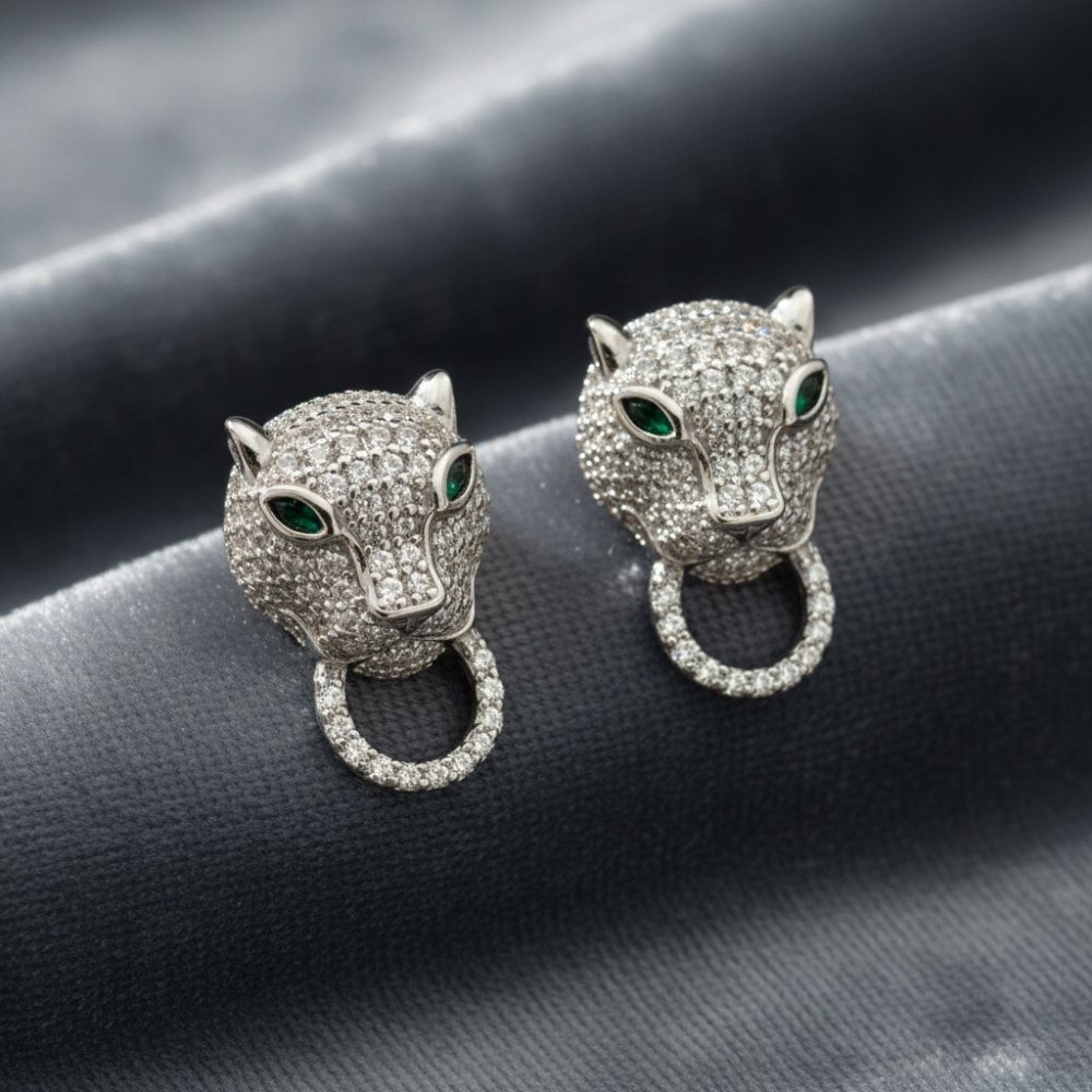 Silver Panther Emerald-Eyed Studs
