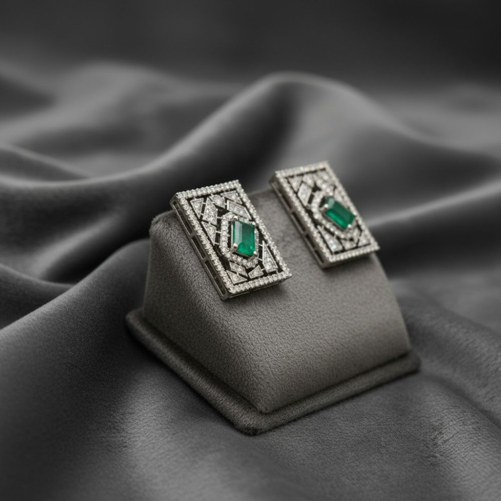 Vintage Art Deco Emerald Geometric Stud Earrings