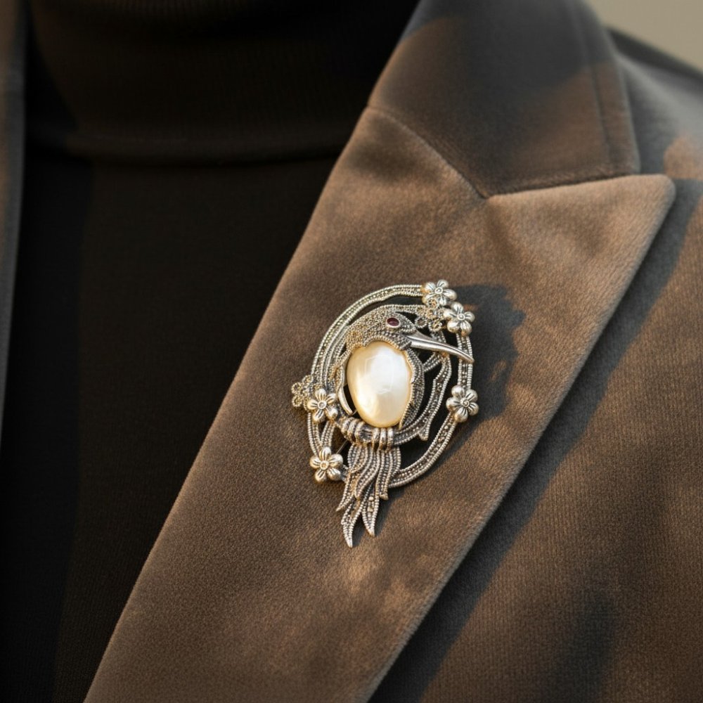 Vintage Marcasite & Mother-of-Pearl Bird Brooch