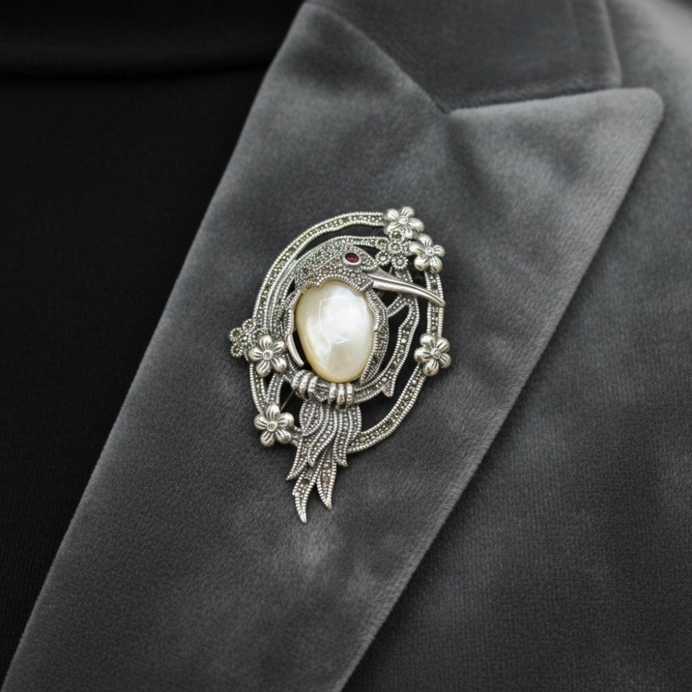 Vintage Marcasite & Mother-of-Pearl Bird Brooch
