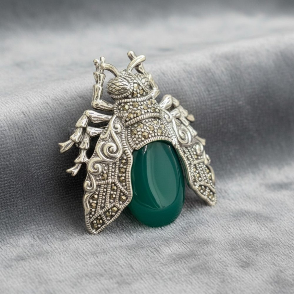 Vintage Marcasite & Green Onyx Bee Brooch