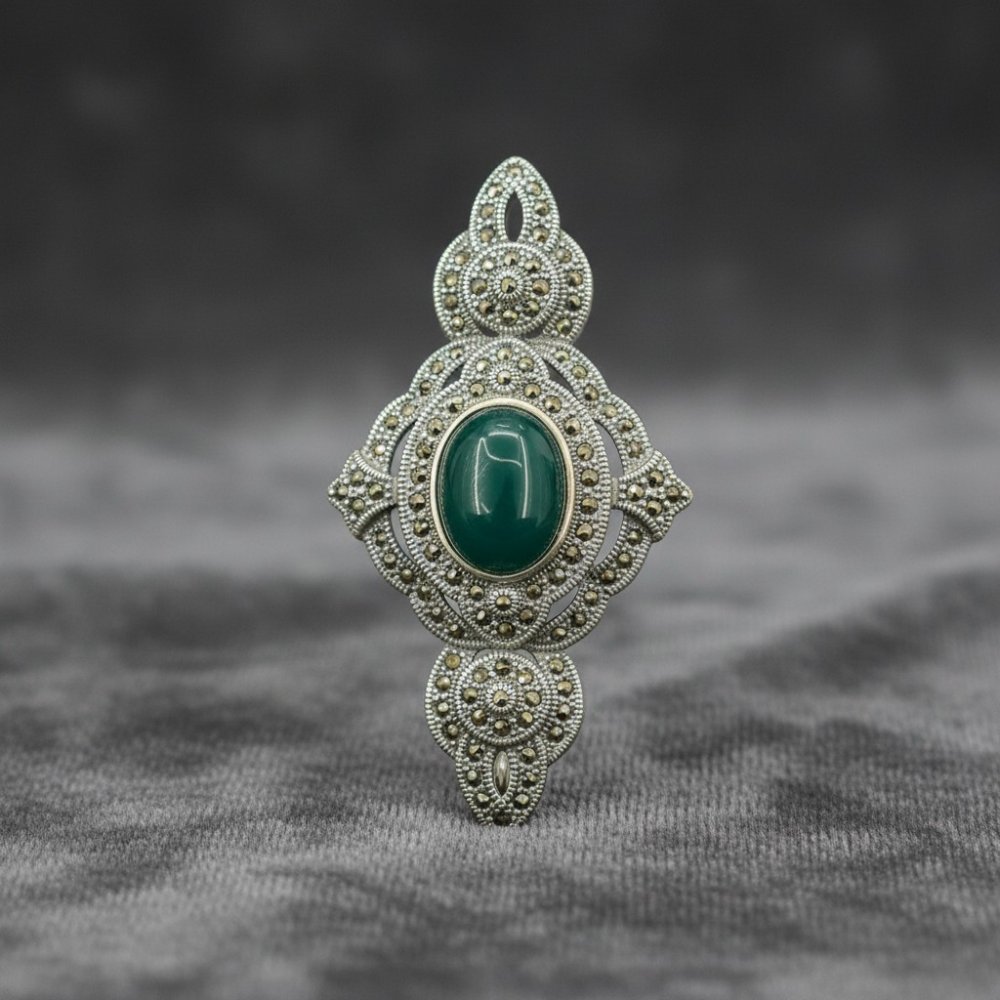 Vintage Marcasite & Green Onyx Sterling Silver Brooch