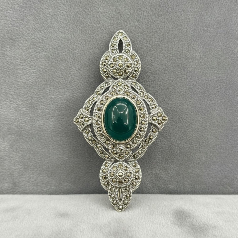 Vintage Marcasite & Green Onyx Sterling Silver Brooch