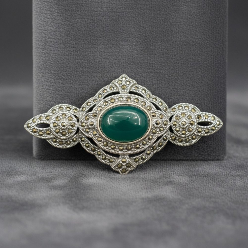 Vintage Marcasite & Green Onyx Sterling Silver Brooch