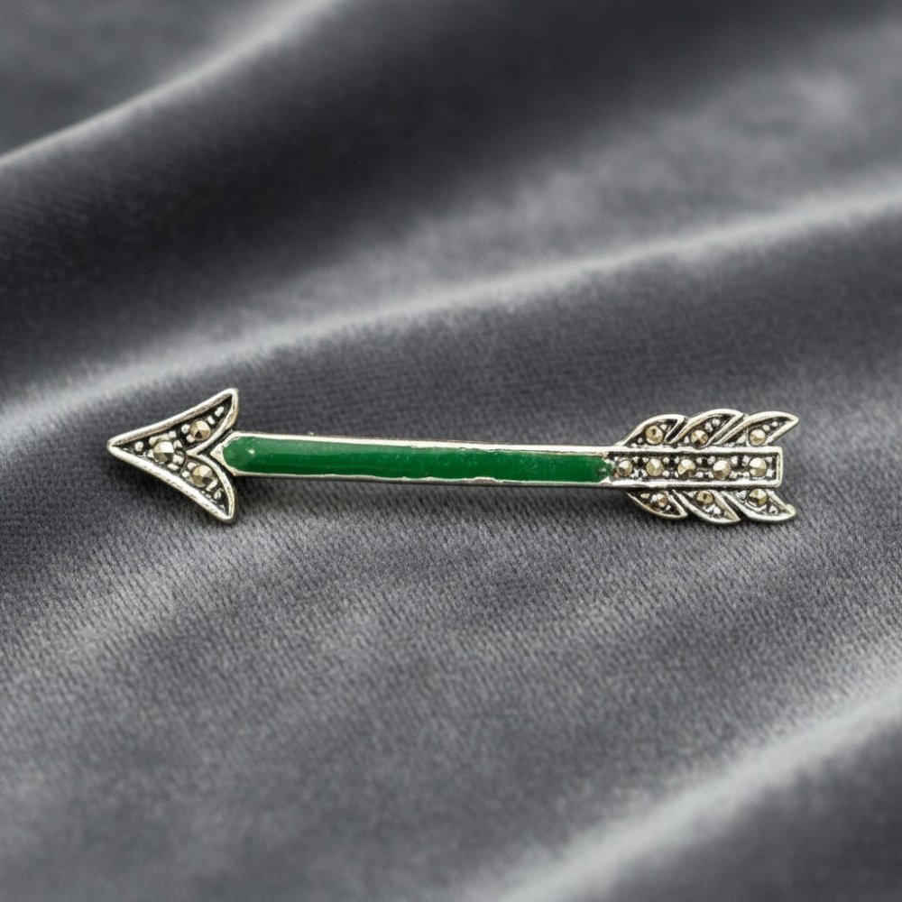 Emerald Green Enamel & Marcasite Arrow Brooch