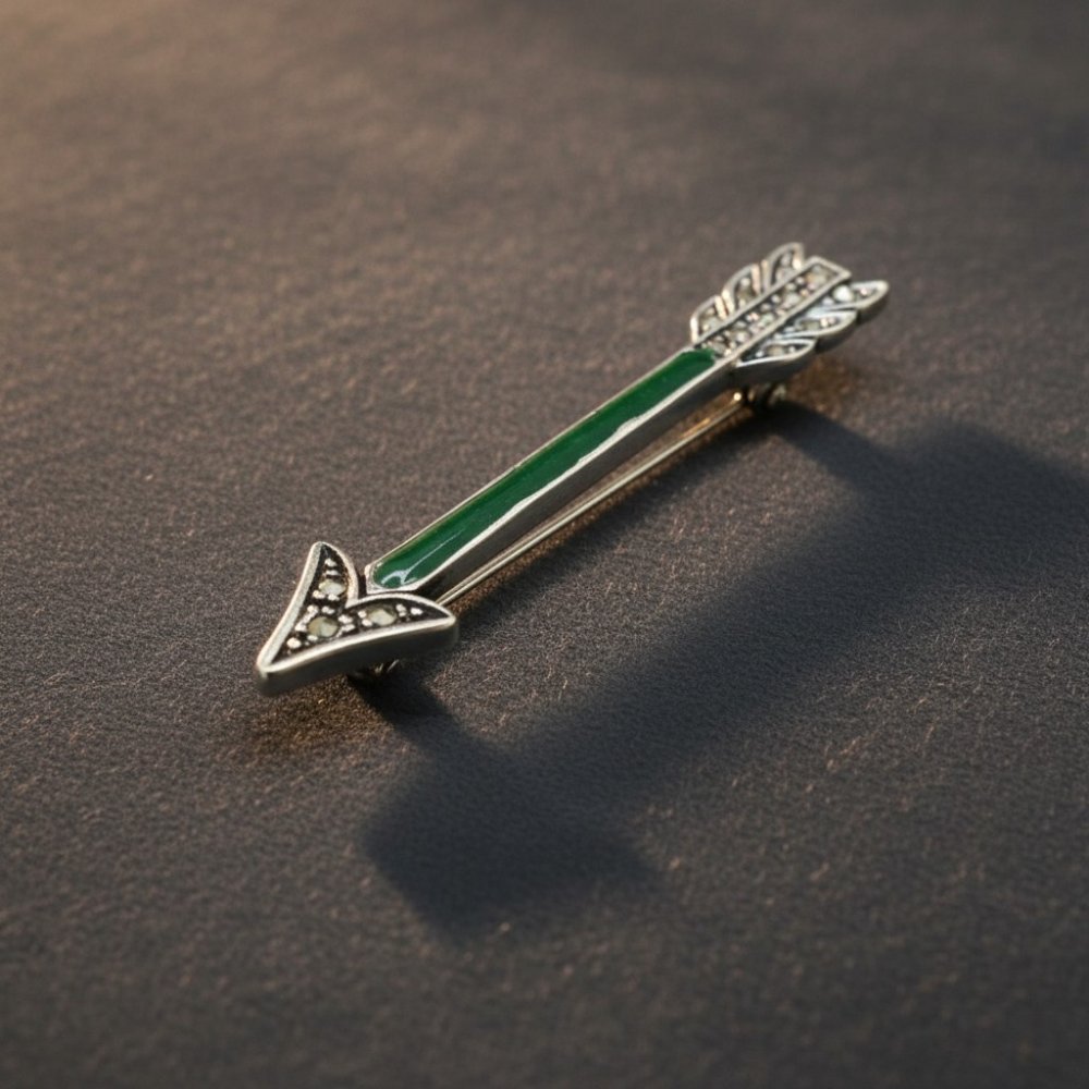 Emerald Green Enamel & Marcasite Arrow Brooch