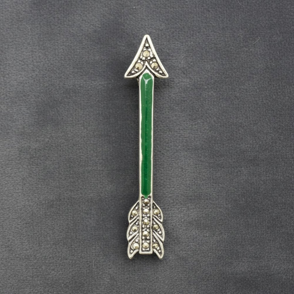 Emerald Green Enamel & Marcasite Arrow Brooch
