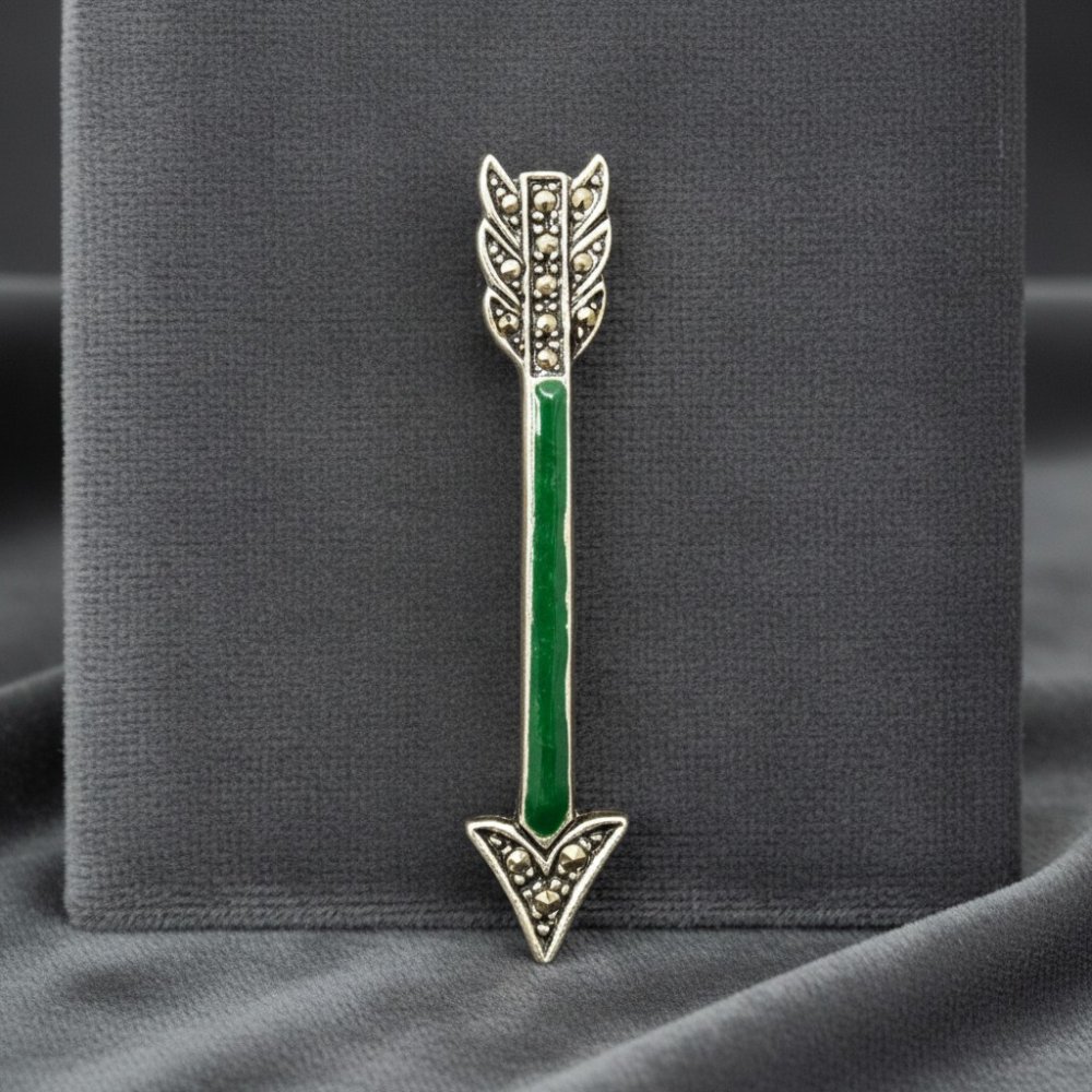 Emerald Green Enamel & Marcasite Arrow Brooch