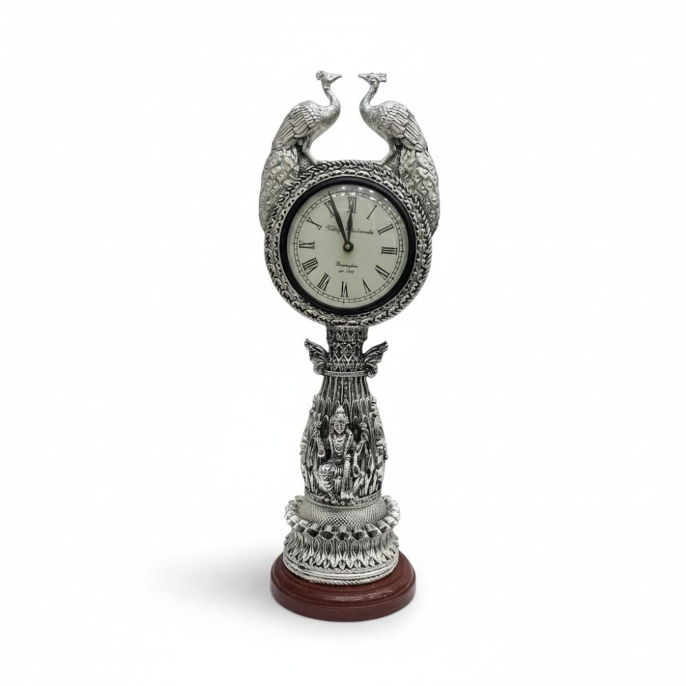 Silver Peacock & Deity Antique Table Clock