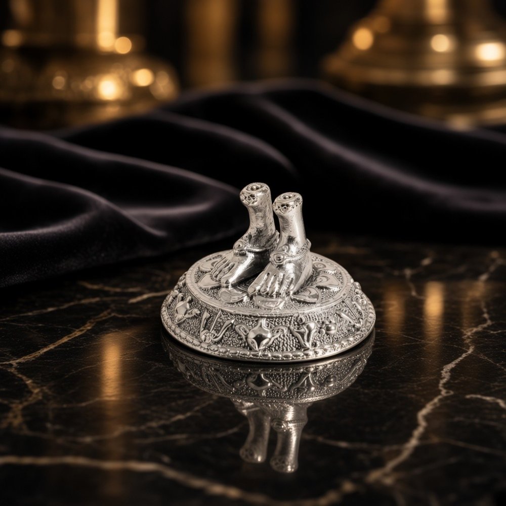 Pure Silver Laxmi Charan Paduka on Intricate Base