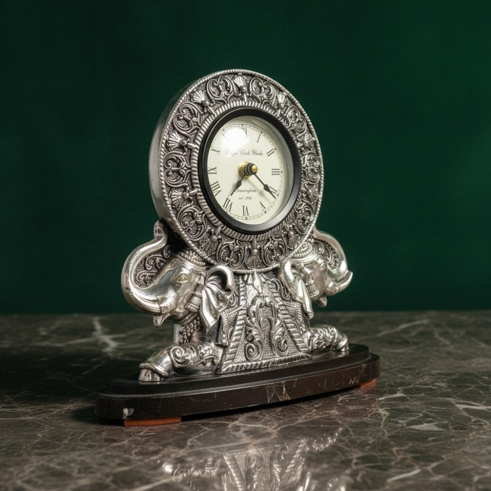 Antique Silver Elephant Table Clock