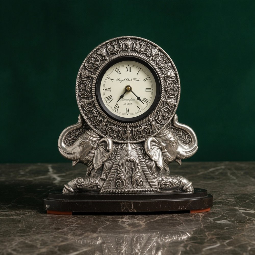 Antique Silver Elephant Table Clock